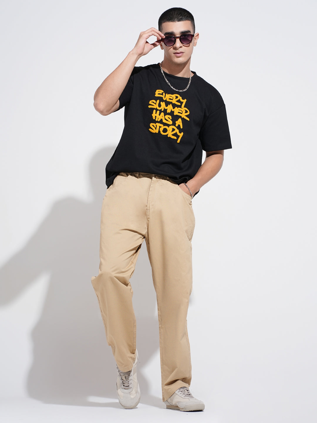 Men's Beige Straight Fit Trousers with Elasticated Waist