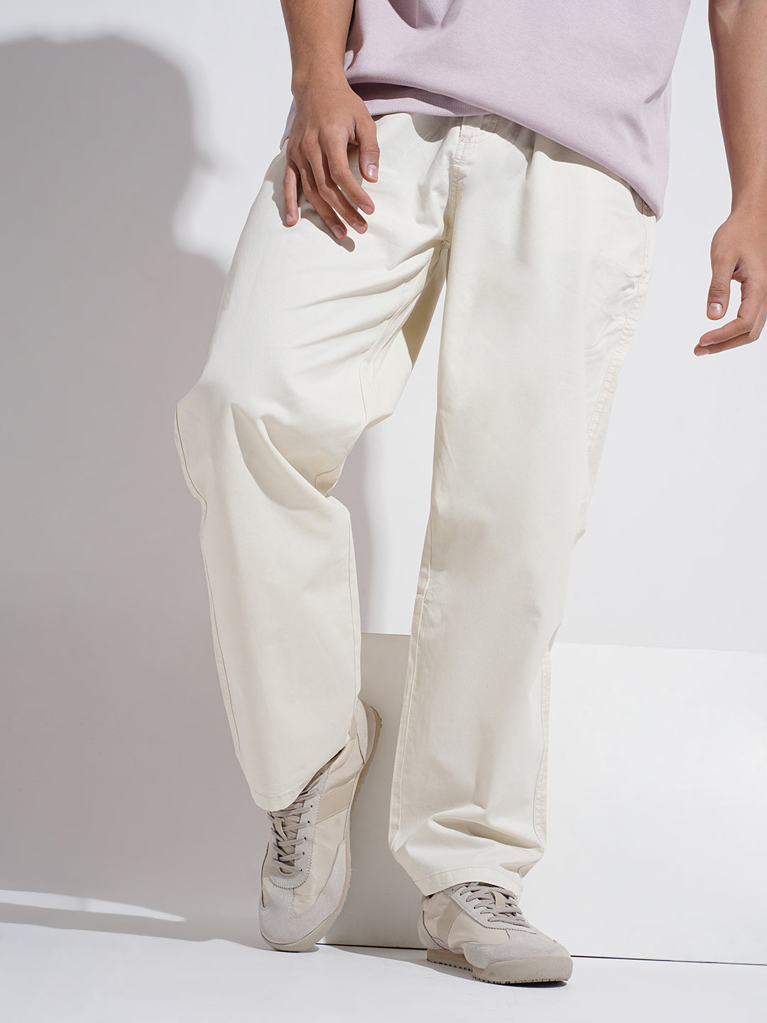 Men's Cream Straight Fit Trousers with Elasticated Waist