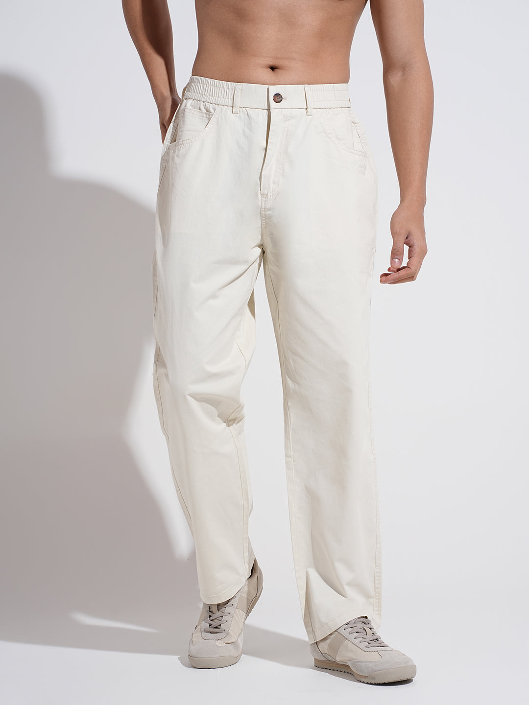 Men's Cream Straight Fit Trousers with Elasticated Waist