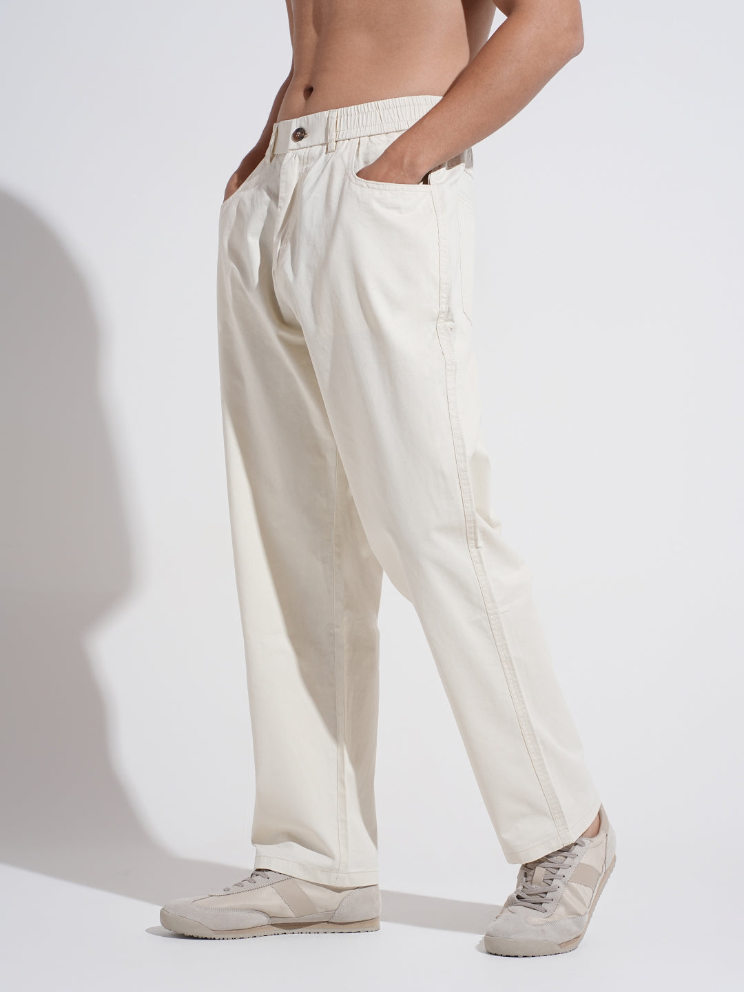 Men's Cream Straight Fit Trousers with Elasticated Waist