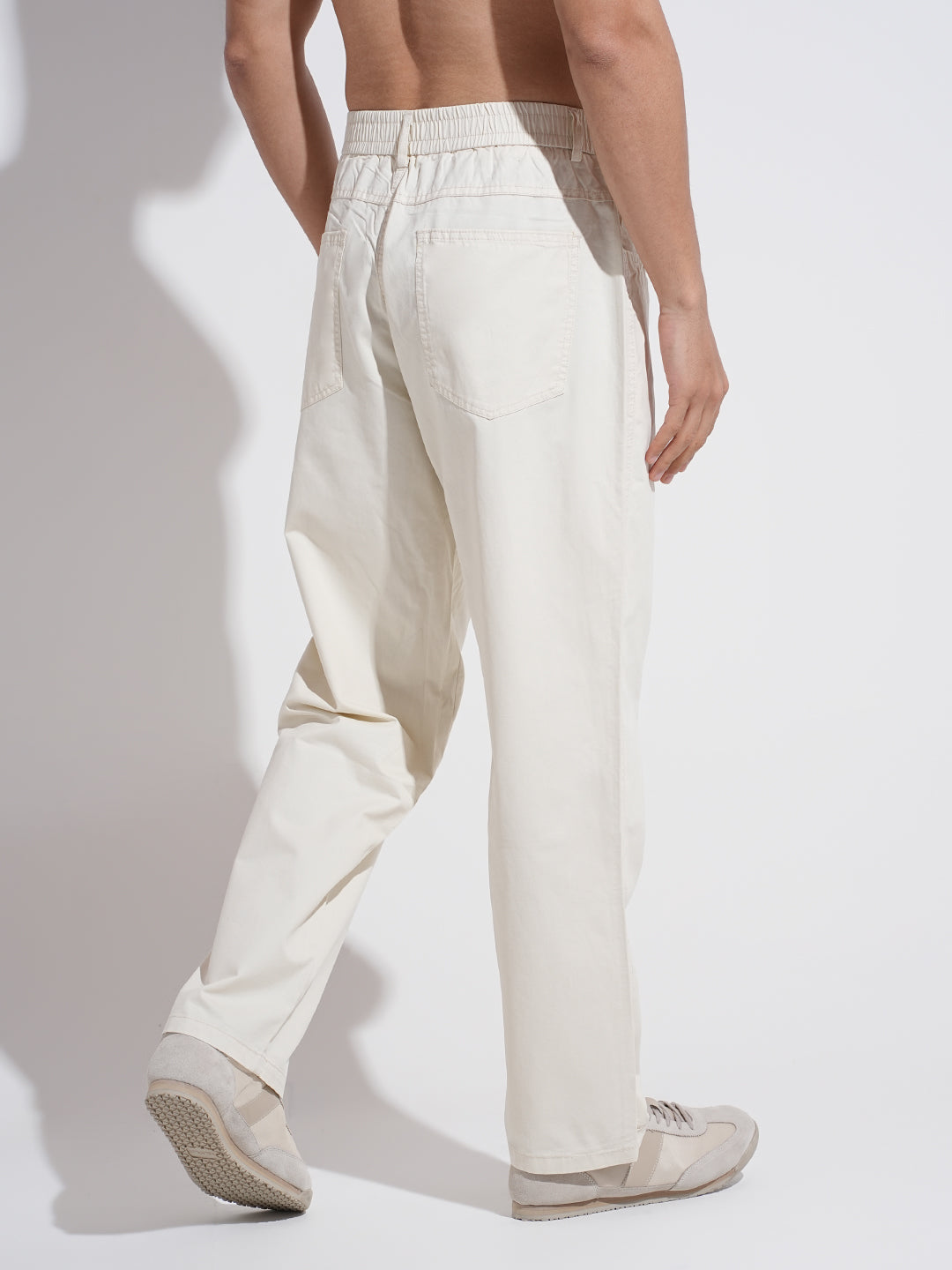 Men's Cream Straight Fit Trousers with Elasticated Waist