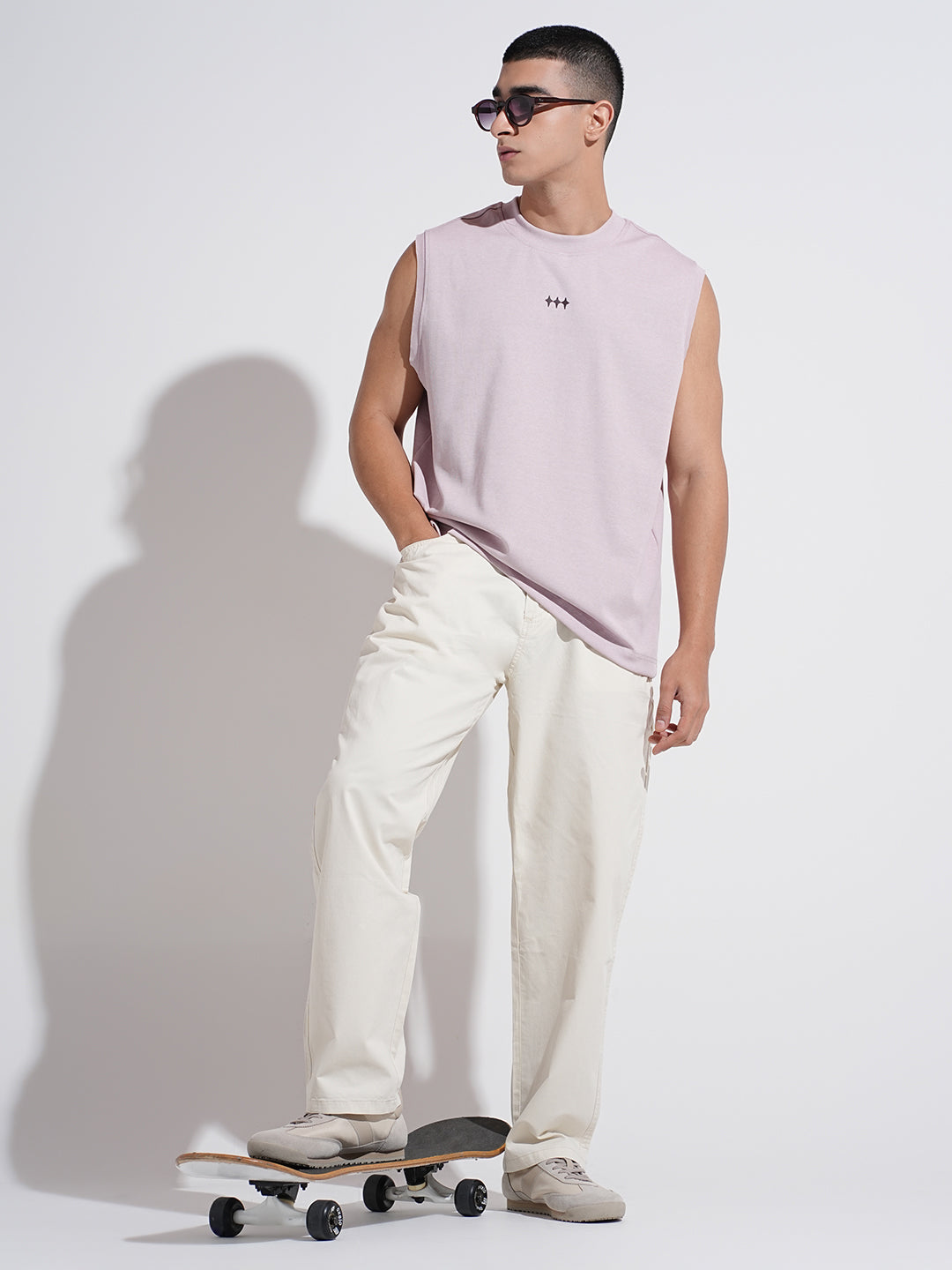 Men's Cream Straight Fit Trousers with Elasticated Waist