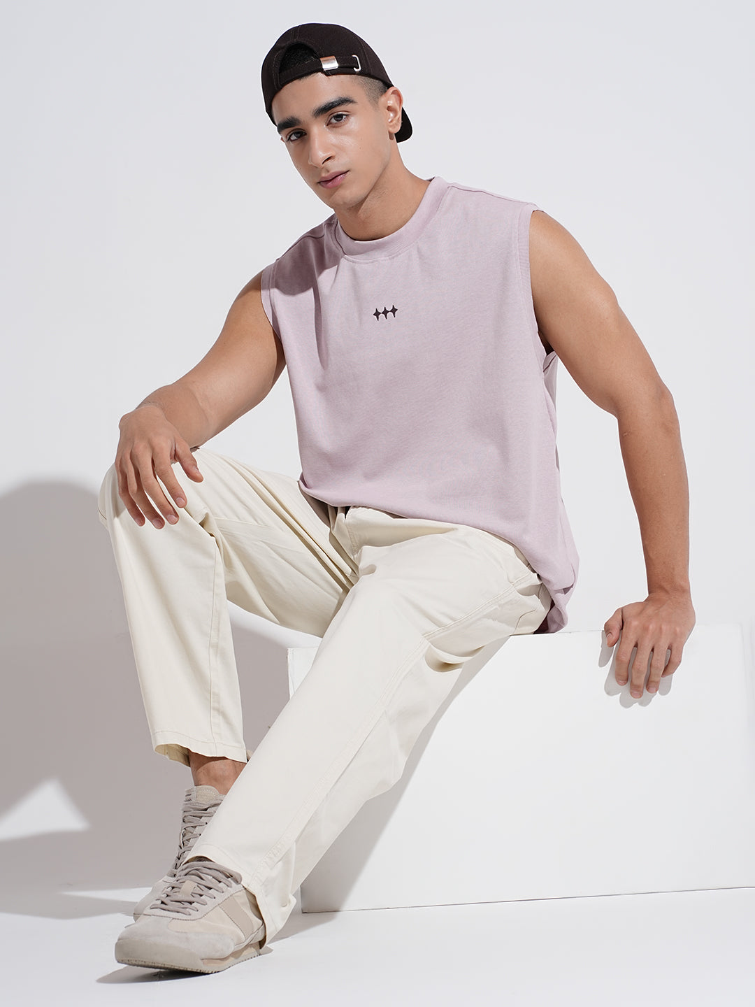 Men's Cream Straight Fit Trousers with Elasticated Waist