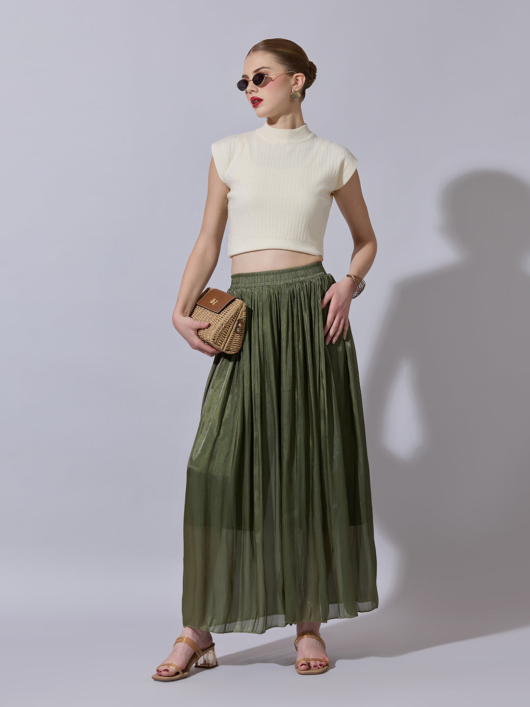 Women's Green Sheer Wide-Leg Palazzo Pants