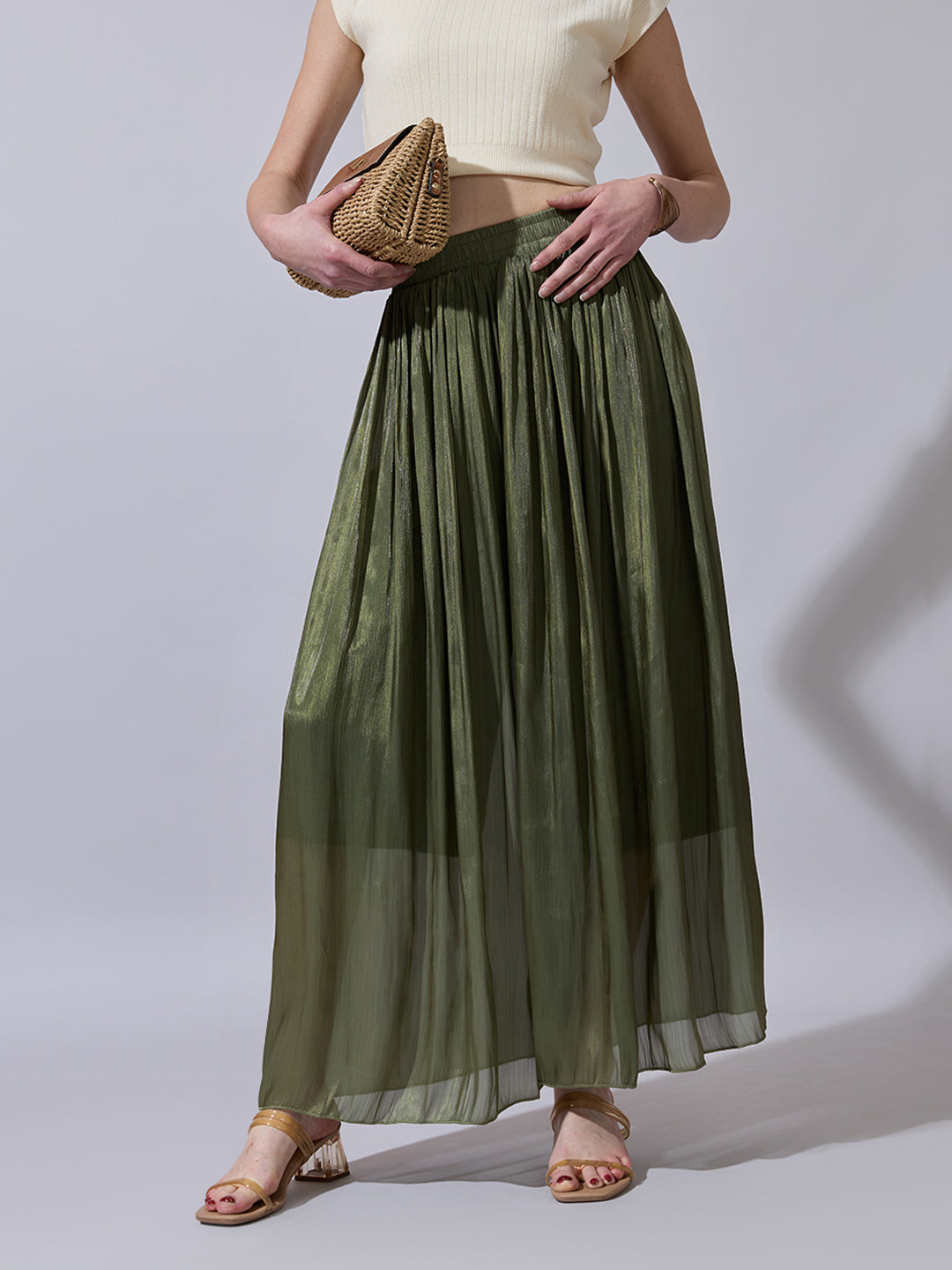 Women's Green Sheer Wide-Leg Palazzo Pants