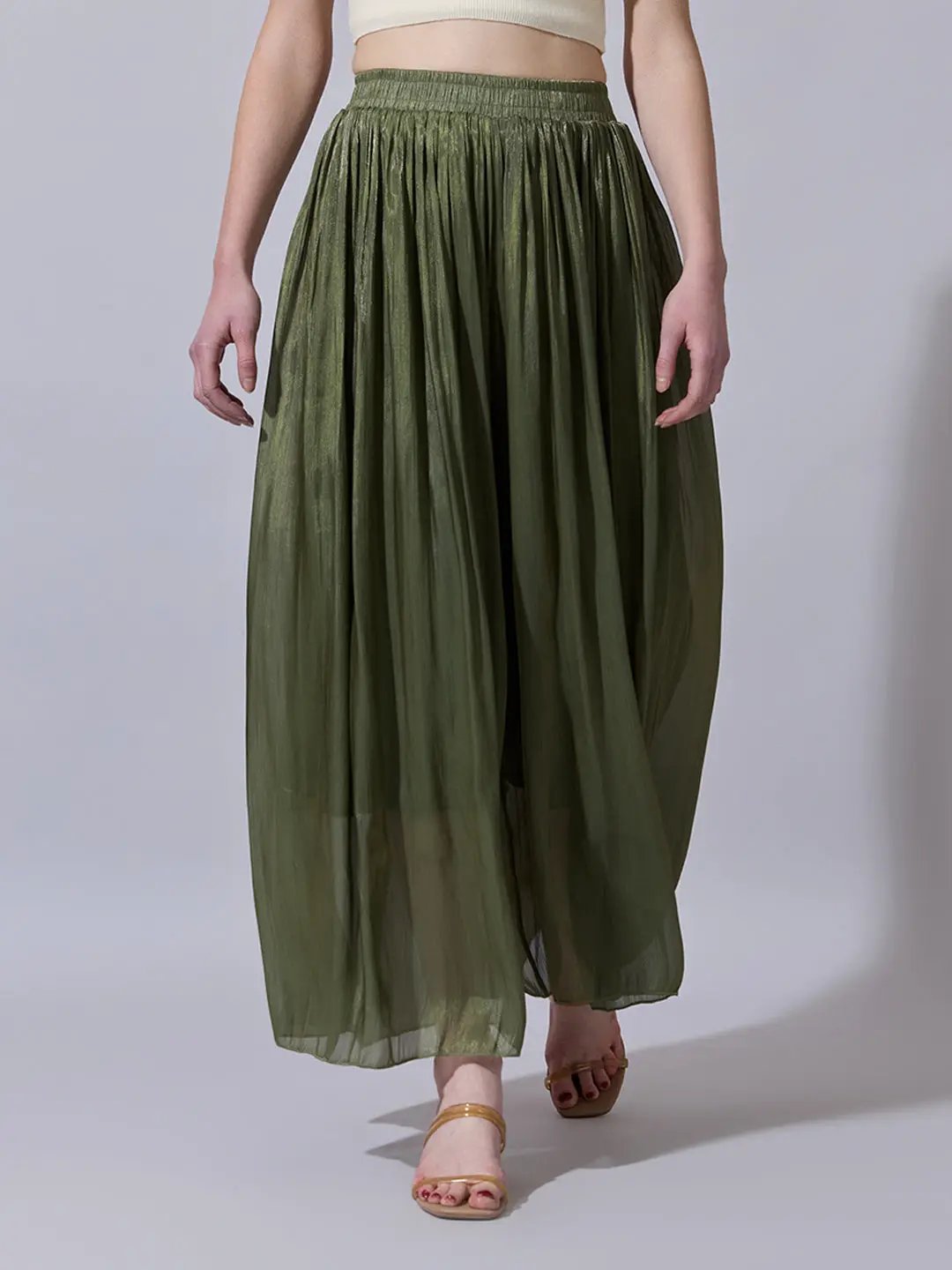 Women's Green Sheer Wide-Leg Palazzo Pants