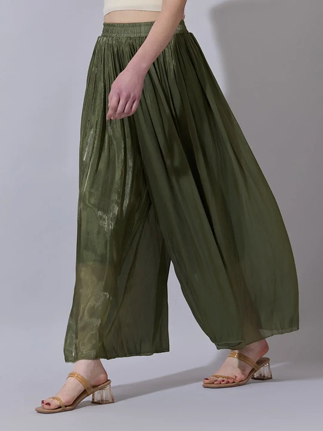 Women's Green Sheer Wide-Leg Palazzo Pants