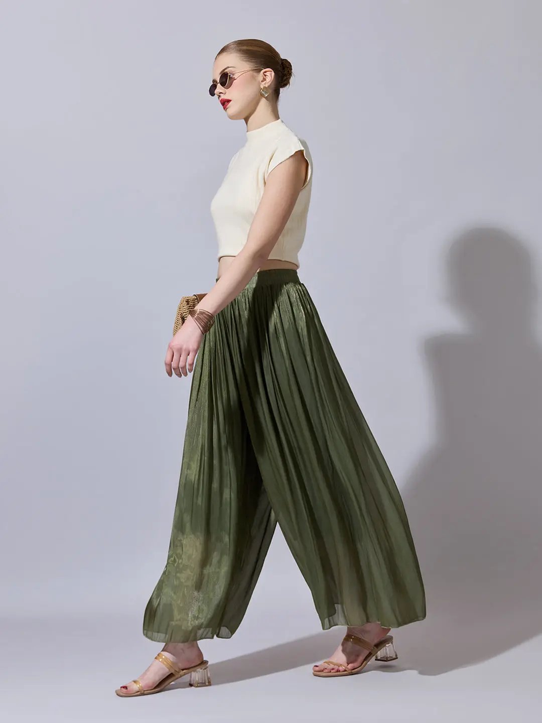 Women's Green Sheer Wide-Leg Palazzo Pants