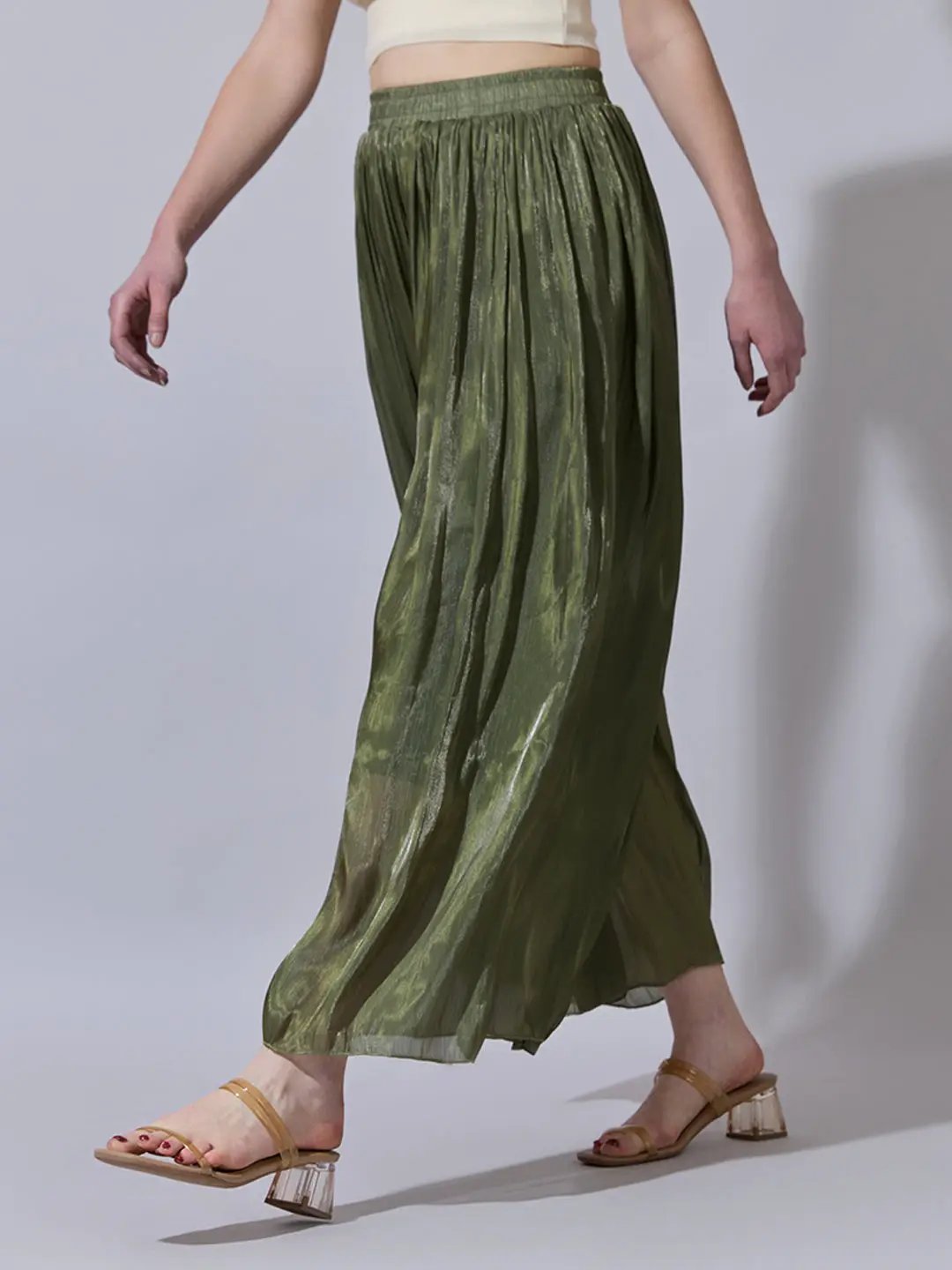 Women's Green Sheer Wide-Leg Palazzo Pants