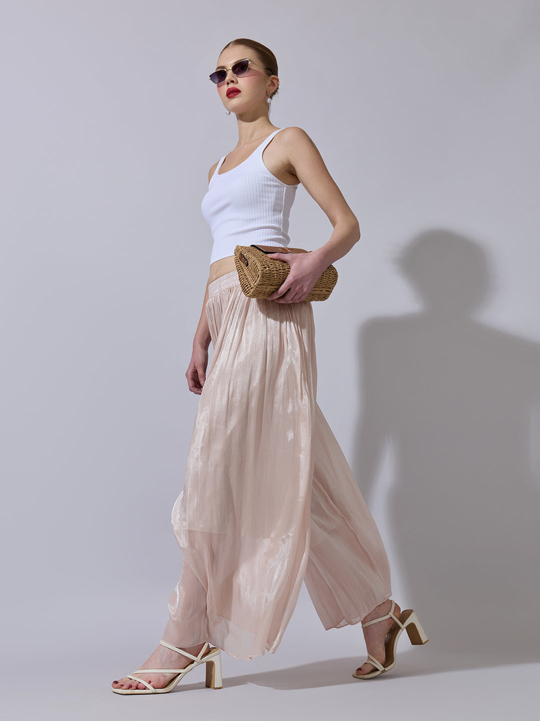 Women's Peach Sheer Wide-Leg Palazzo Pants
