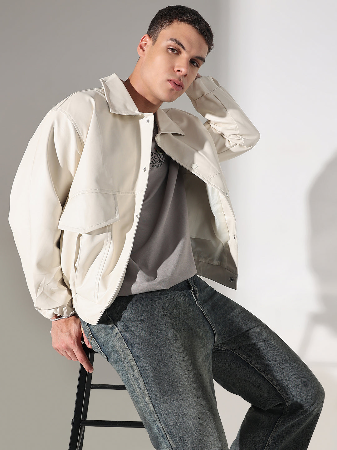 Men's Off White Faux leather Faux Leather Button Up Jacket