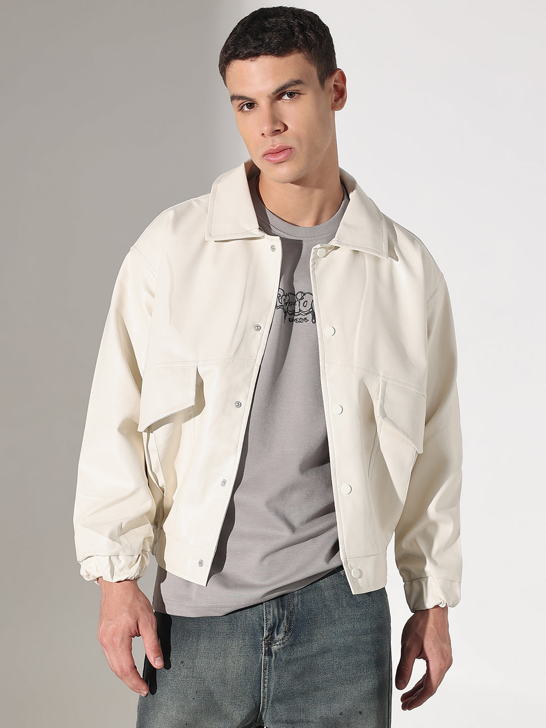 Men's Off White Faux leather Faux Leather Button Up Jacket