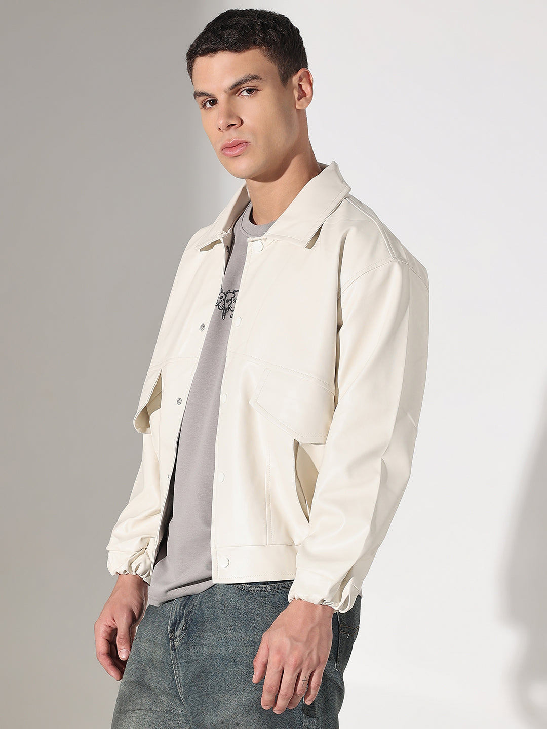 Men's Off White Faux leather Faux Leather Button Up Jacket