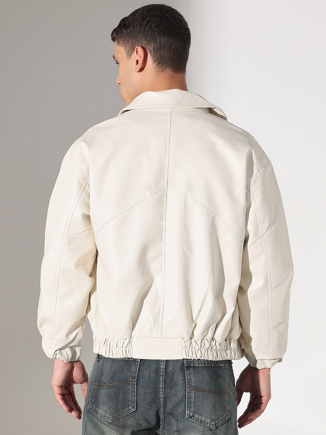 Men's Off White Faux leather Faux Leather Button Up Jacket