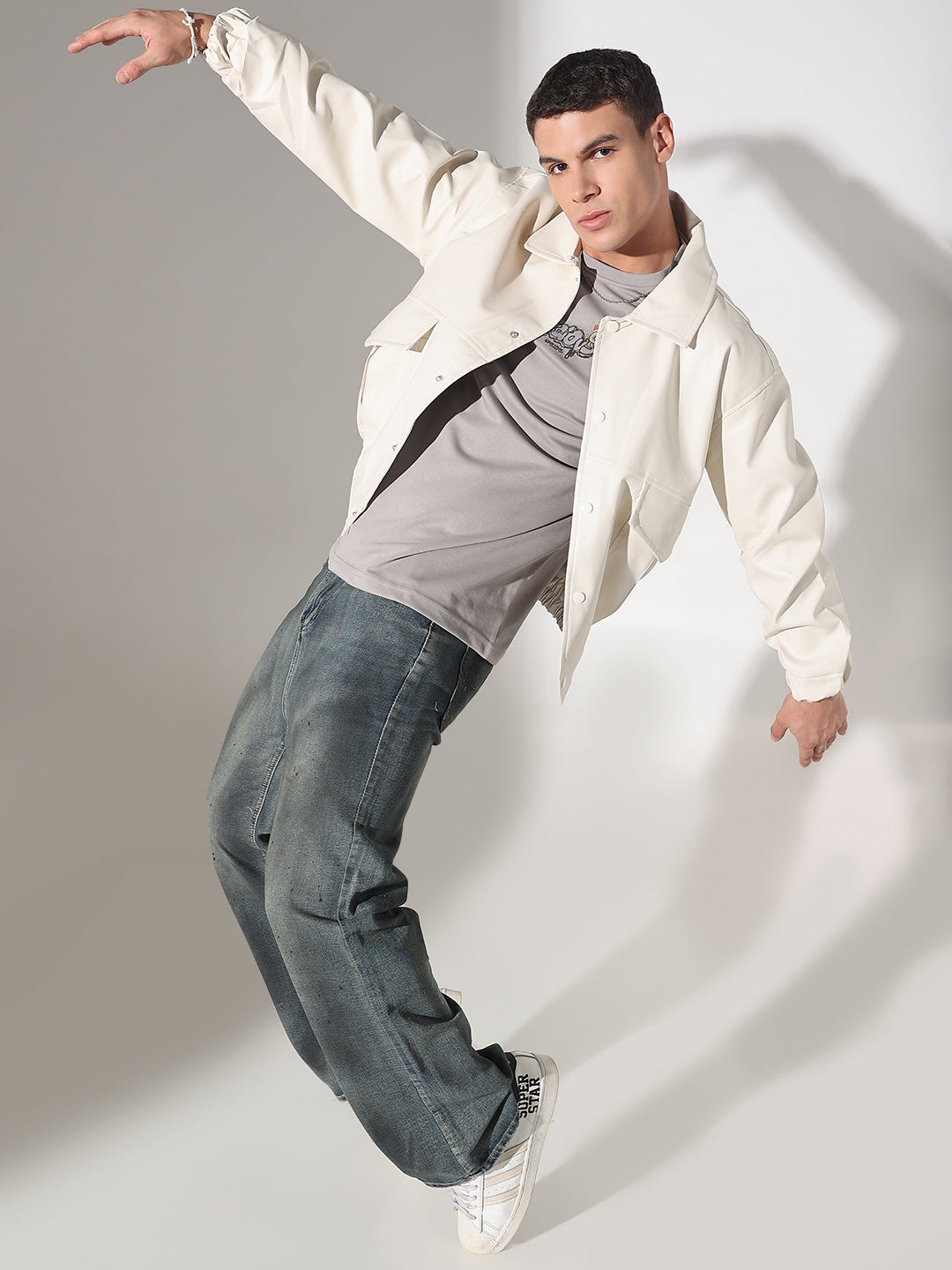 Men's Off White Faux leather Faux Leather Button Up Jacket