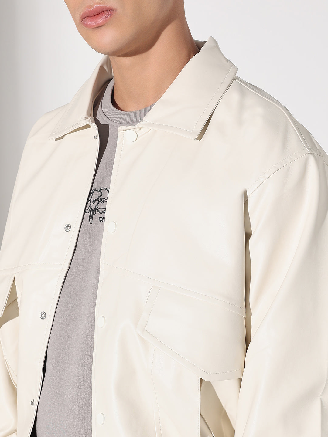 Men's Off White Faux leather Faux Leather Button Up Jacket