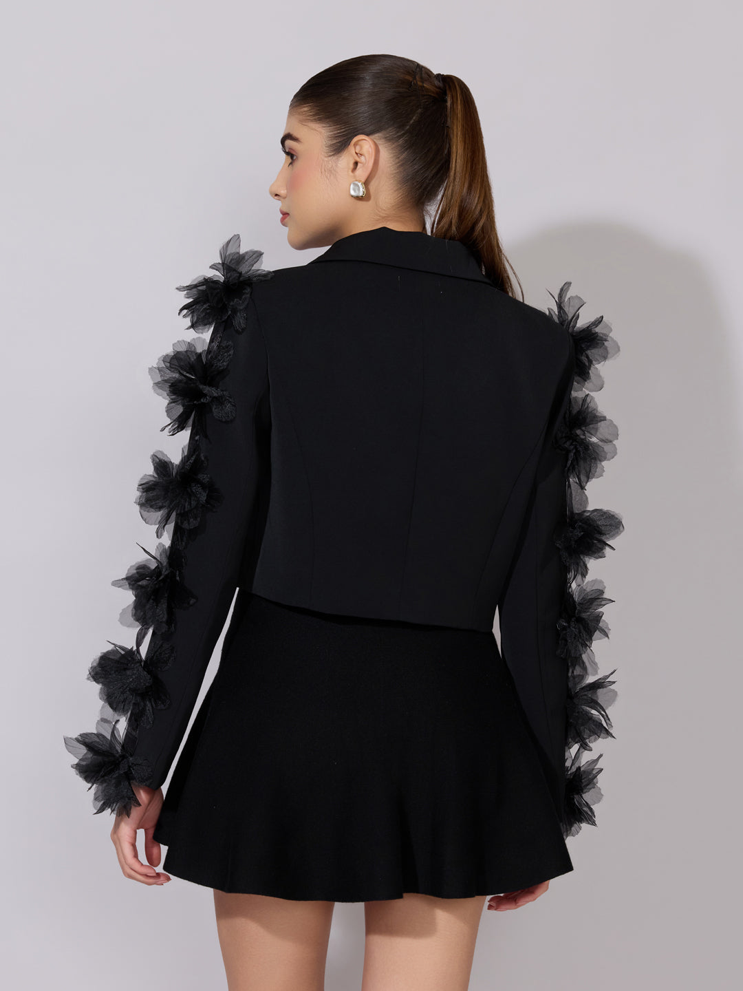 Women's Black Embellished Sleeve Crop Blazer