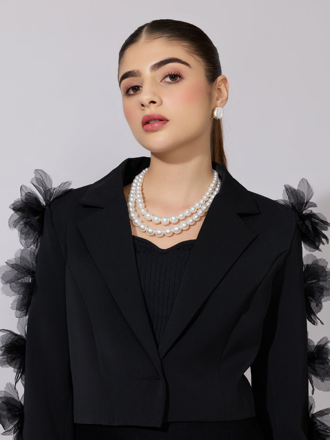 Women's Black Embellished Sleeve Crop Blazer