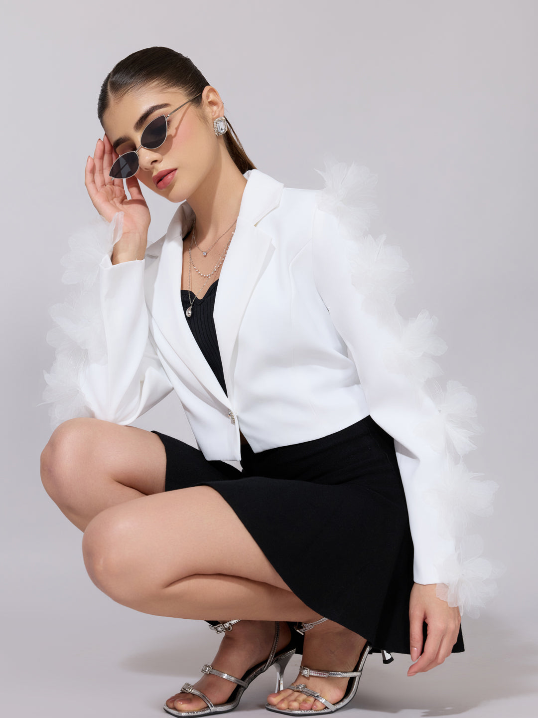 Women's White Embellished Sleeve Crop Blazer
