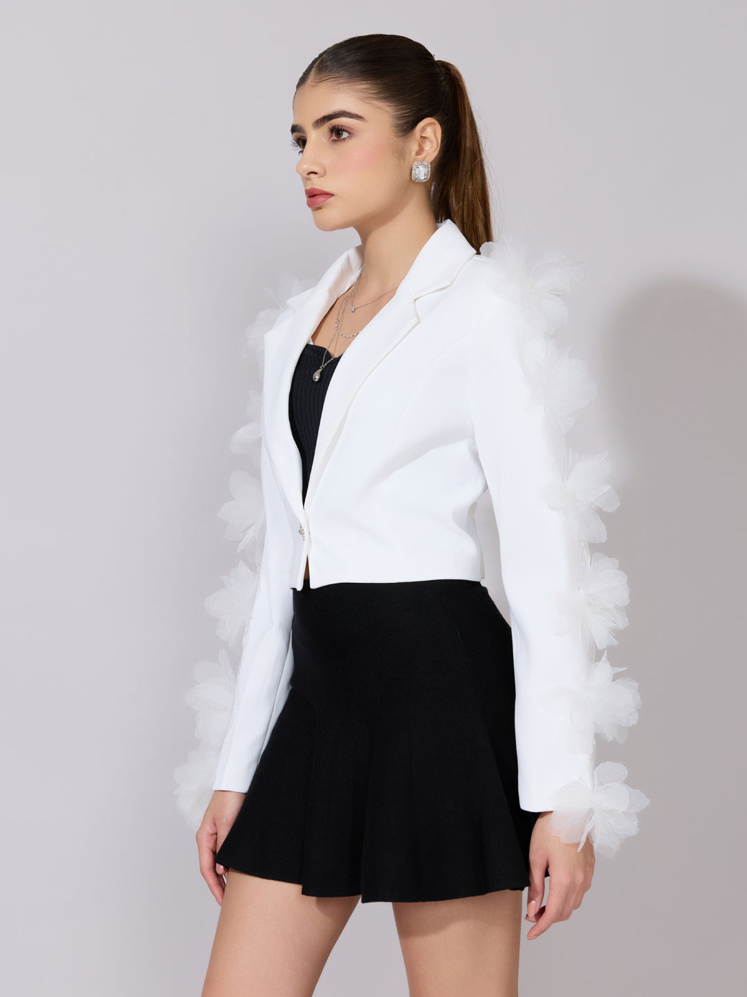 Women's White Embellished Sleeve Crop Blazer