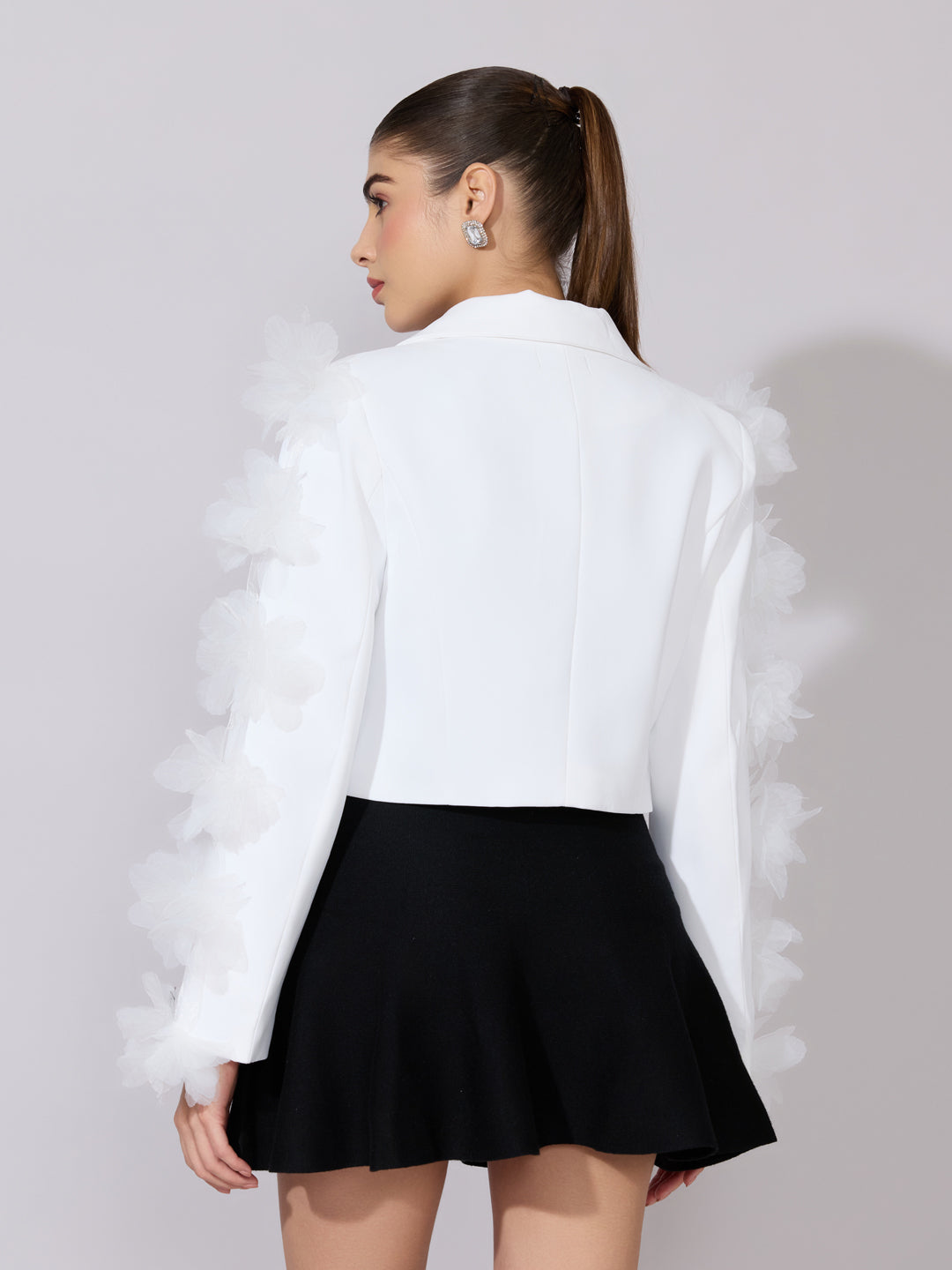 Women's White Embellished Sleeve Crop Blazer