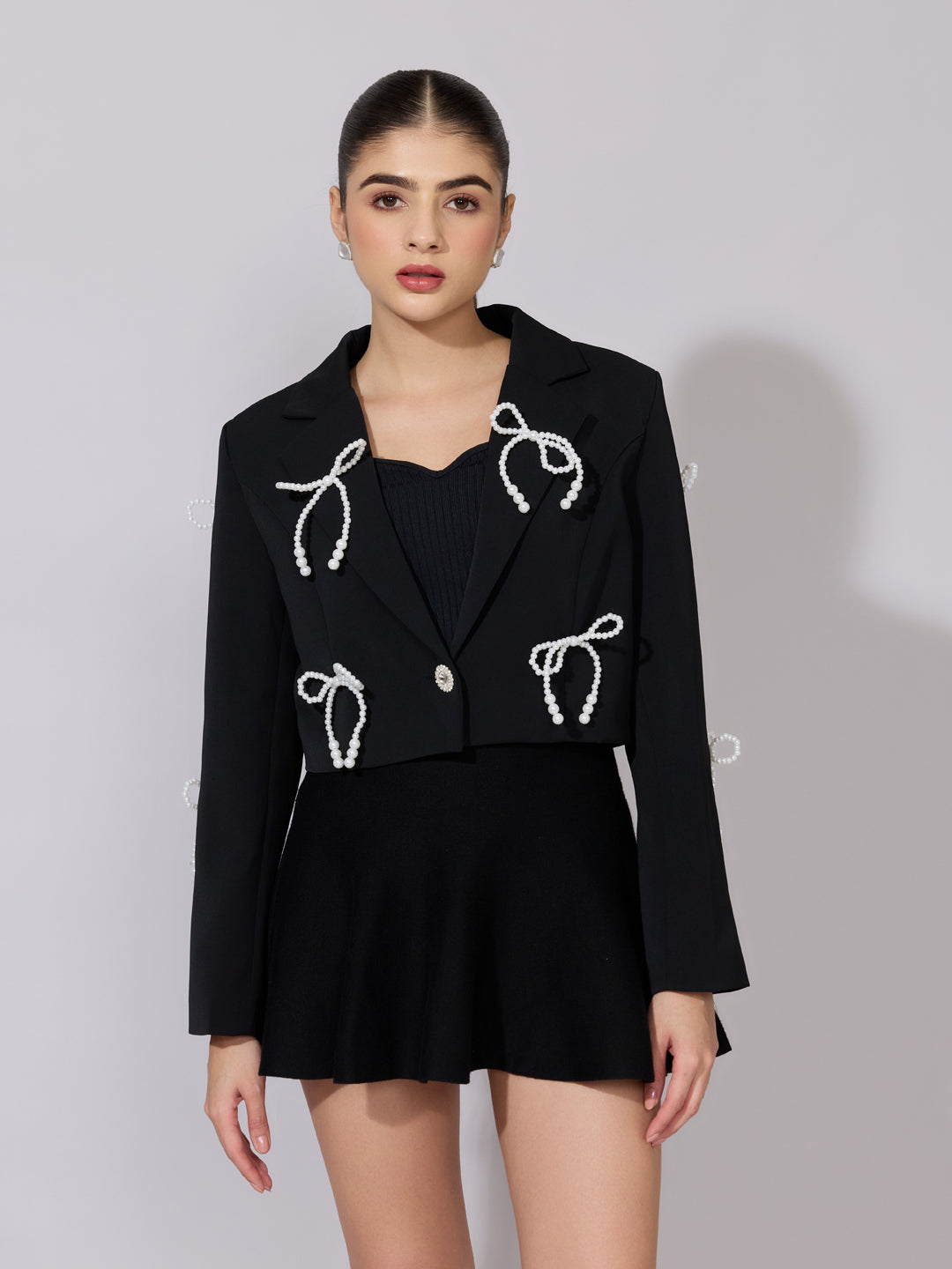 Women's Black Pearl Bow Embellished Crop Blazer
