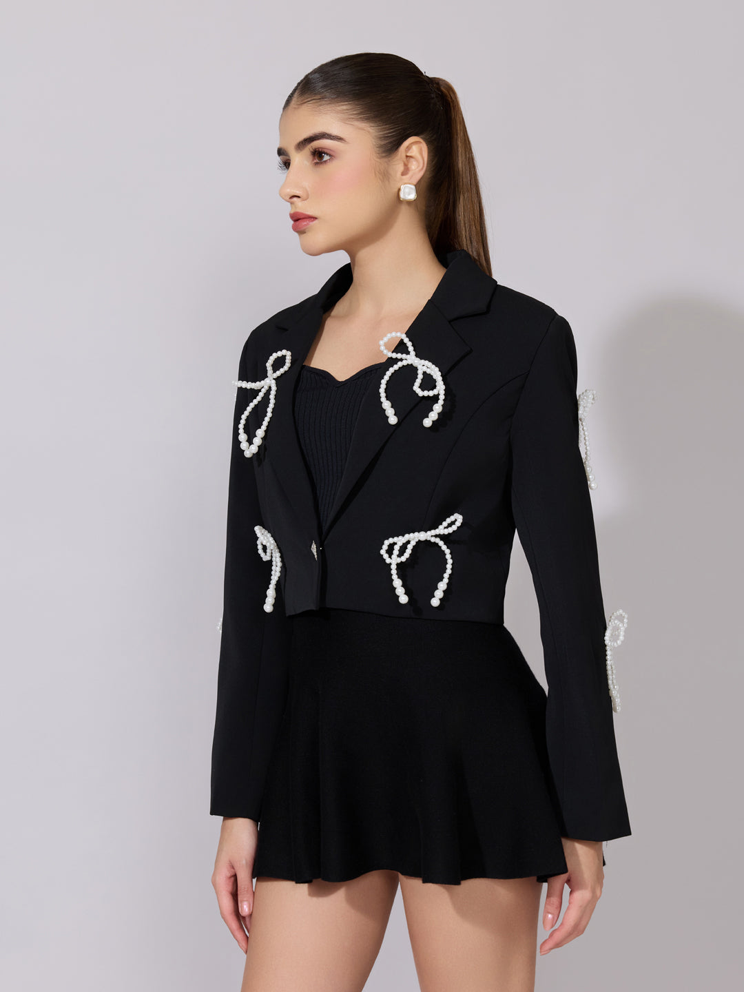 Women's Black Pearl Bow Embellished Crop Blazer