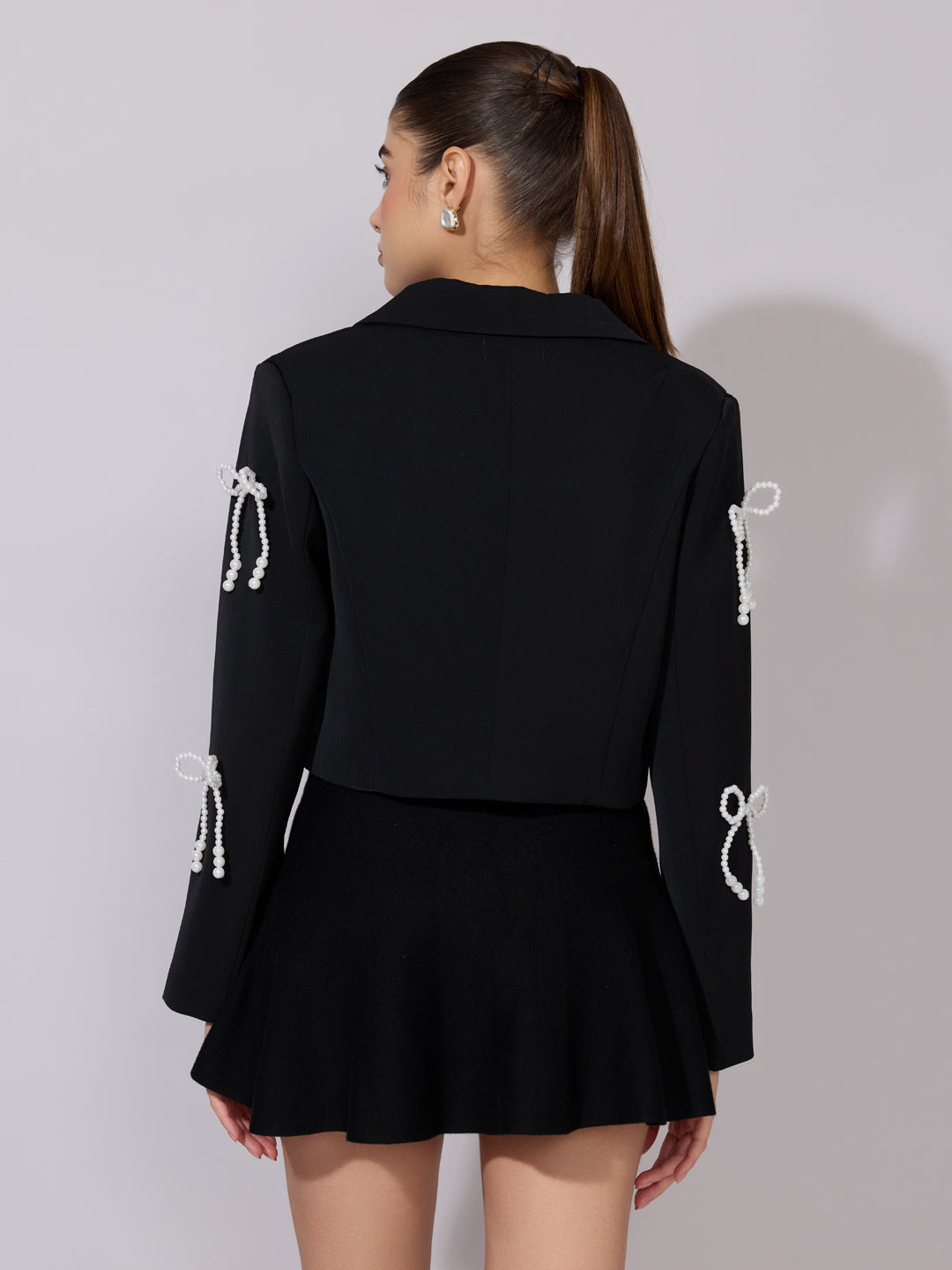 Women's Black Pearl Bow Embellished Crop Blazer