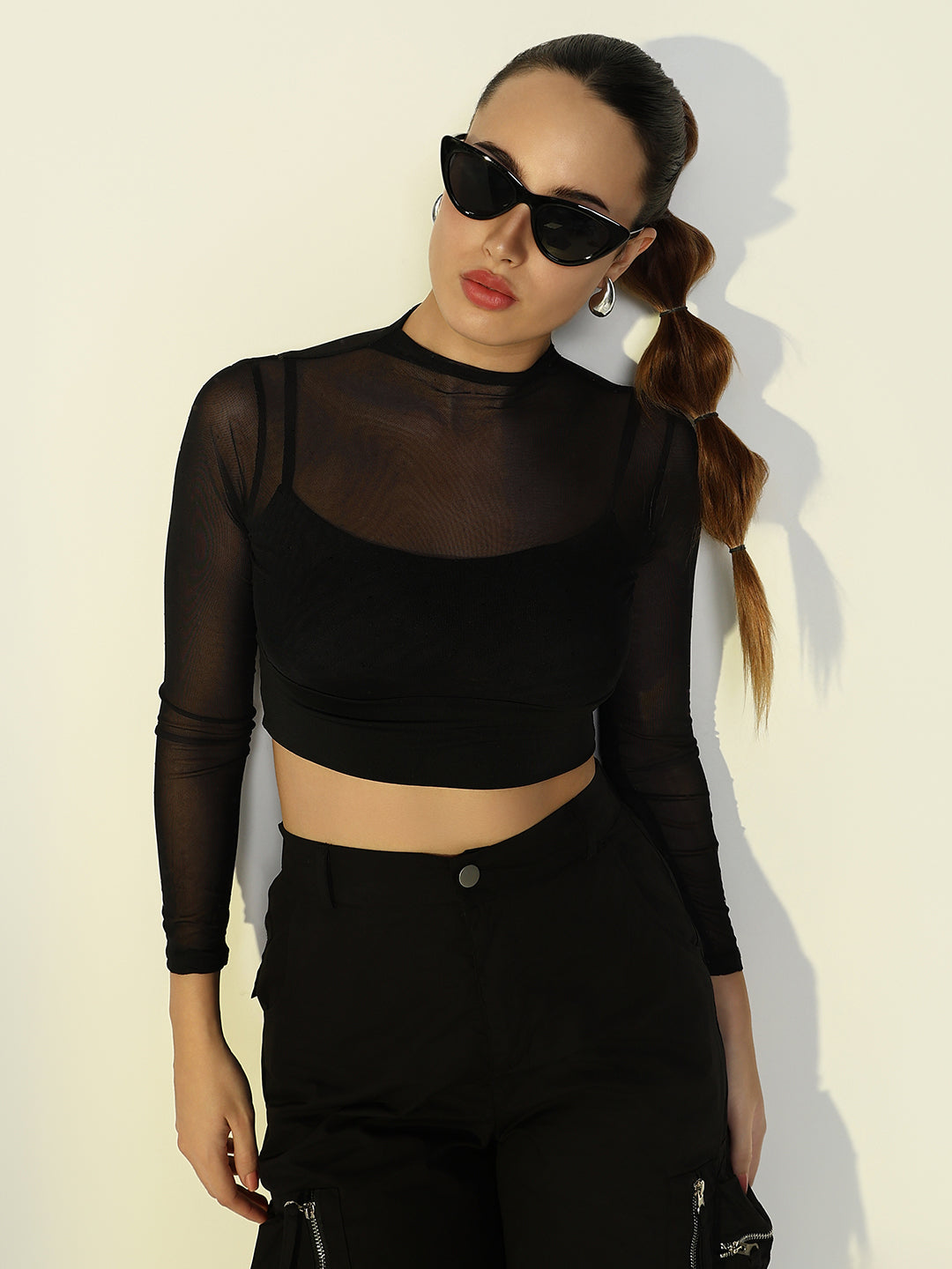 Women's Black Mesh Full Sleeve Crop Top with Inner