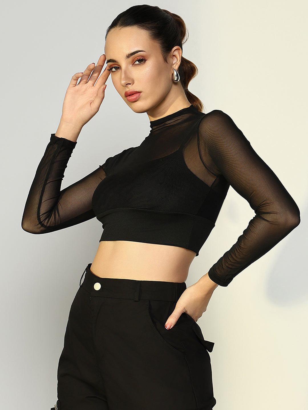 Women's Black Mesh Full Sleeve Crop Top with Inner