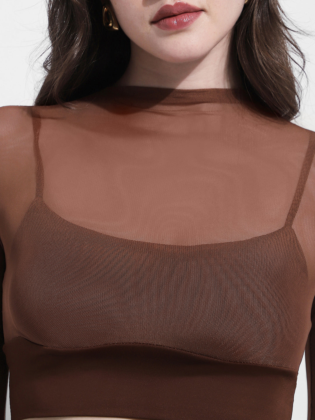 Women's Brown Sheer Long Sleeve Mesh Crop Top