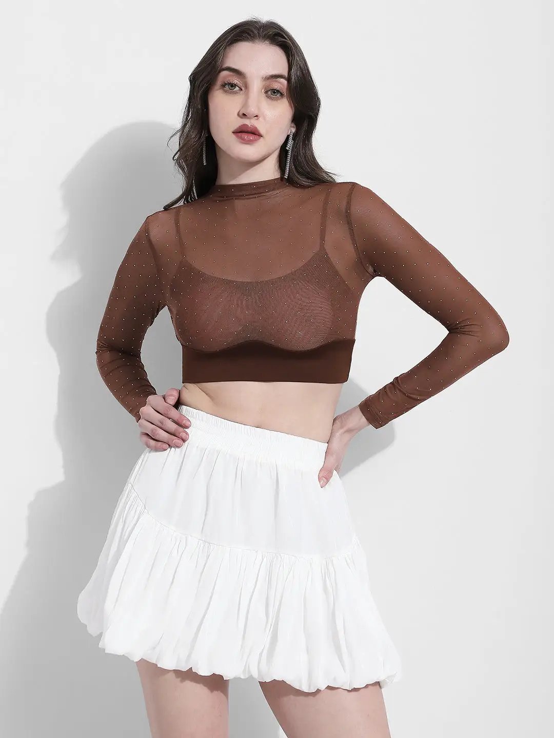 Women's Embellished Brown Sheer Mesh Crop Top - from SHOWOFFFF