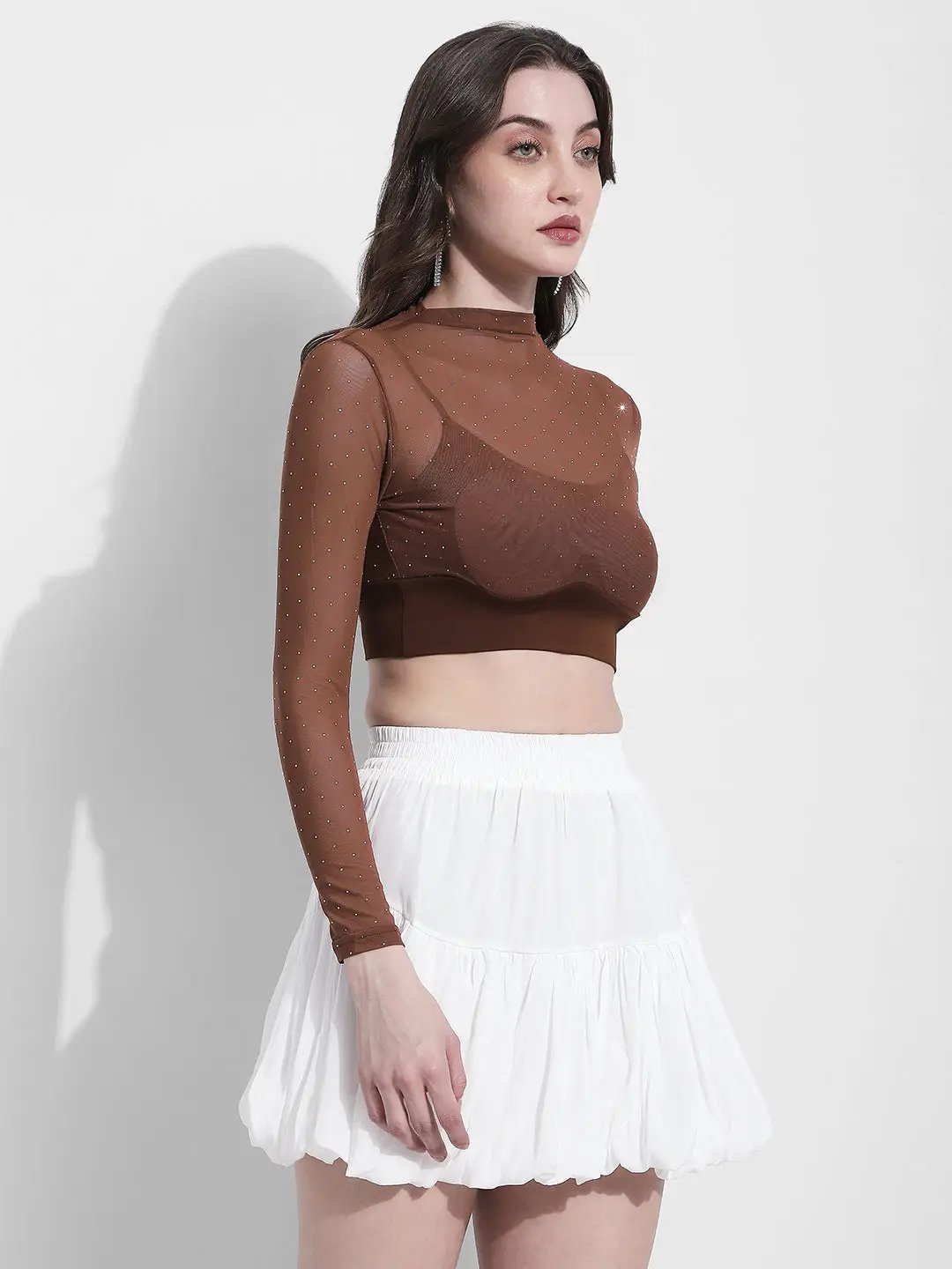 Women's Embellished Brown Sheer Mesh Crop Top - from SHOWOFFFF