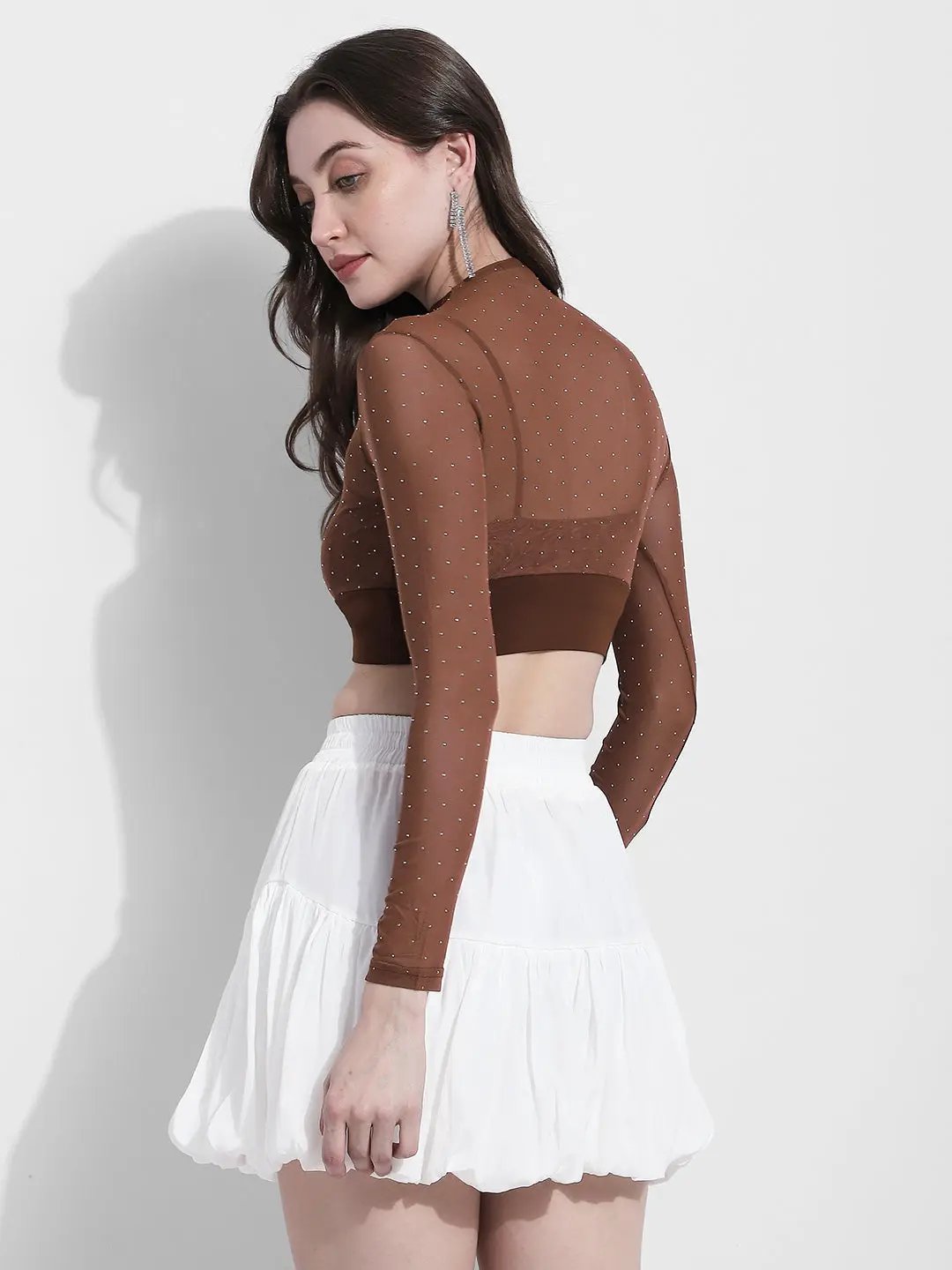 Women's Embellished Brown Sheer Mesh Crop Top - from SHOWOFFFF