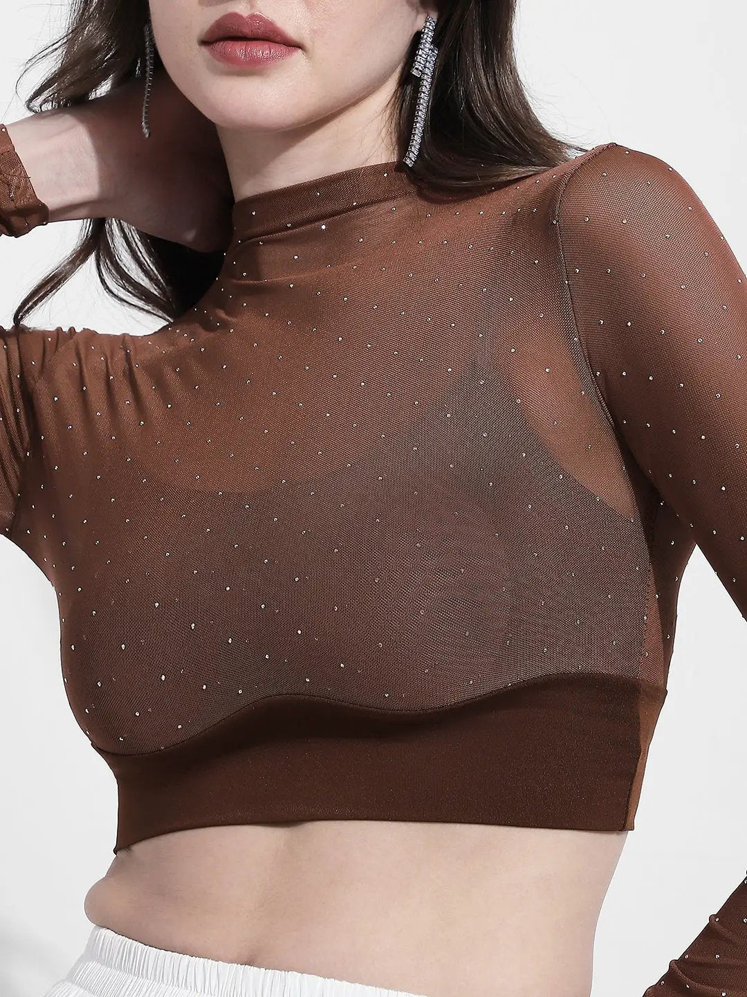 Women's Embellished Brown Sheer Mesh Crop Top - from SHOWOFFFF
