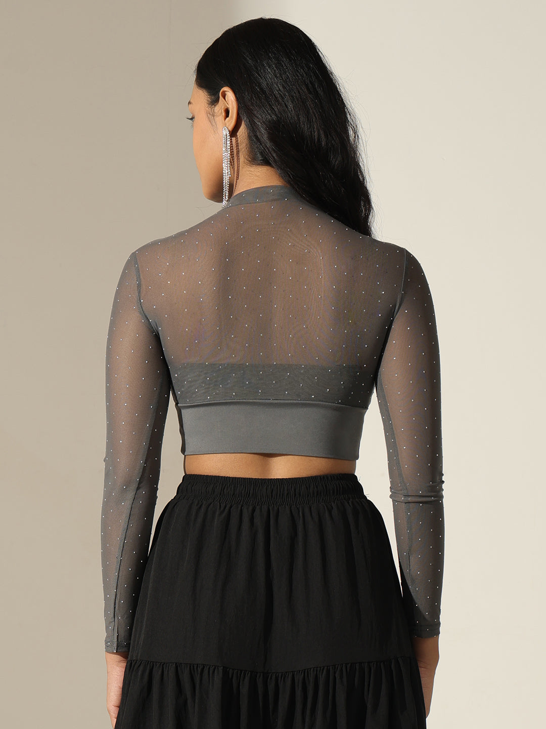 Women's Embellished Grey Sheer Cropped Mesh Top