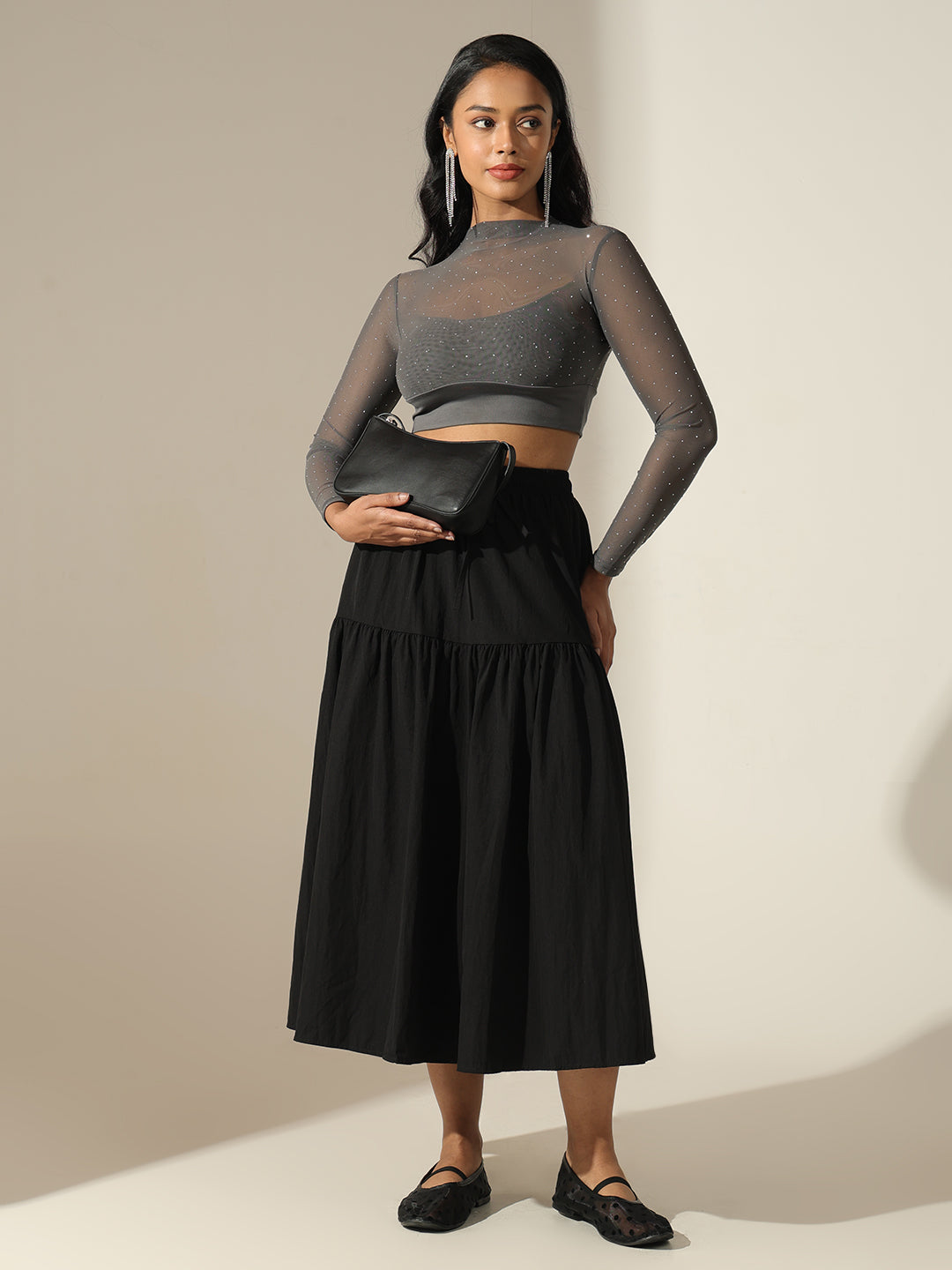 Women's Embellished Grey Sheer Cropped Mesh Top