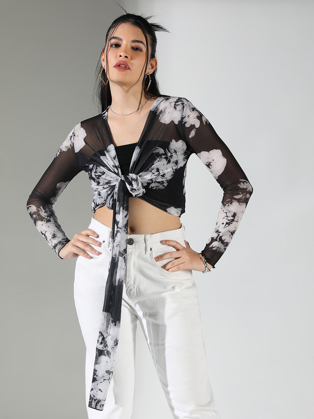 Women Black Floral Crop Top