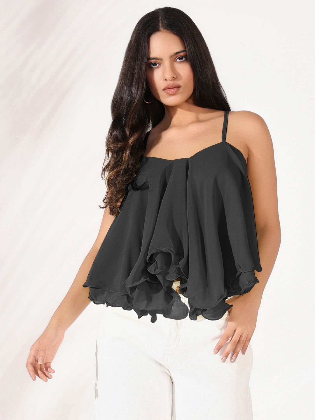 Women Solid Black Shoulder Strap A Line Top