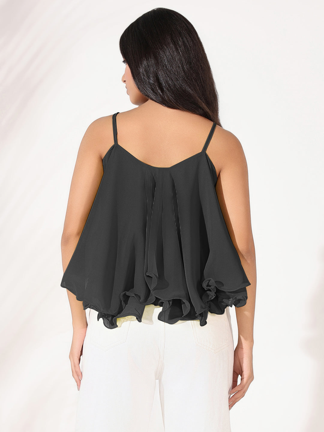 Women Solid Black Shoulder Strap A Line Top