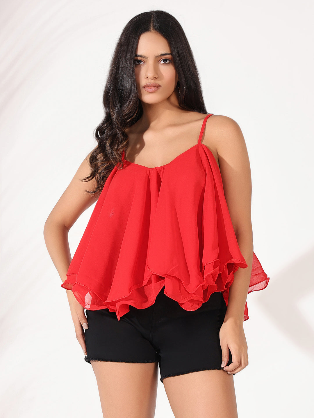 Women Red Solid A Line Top