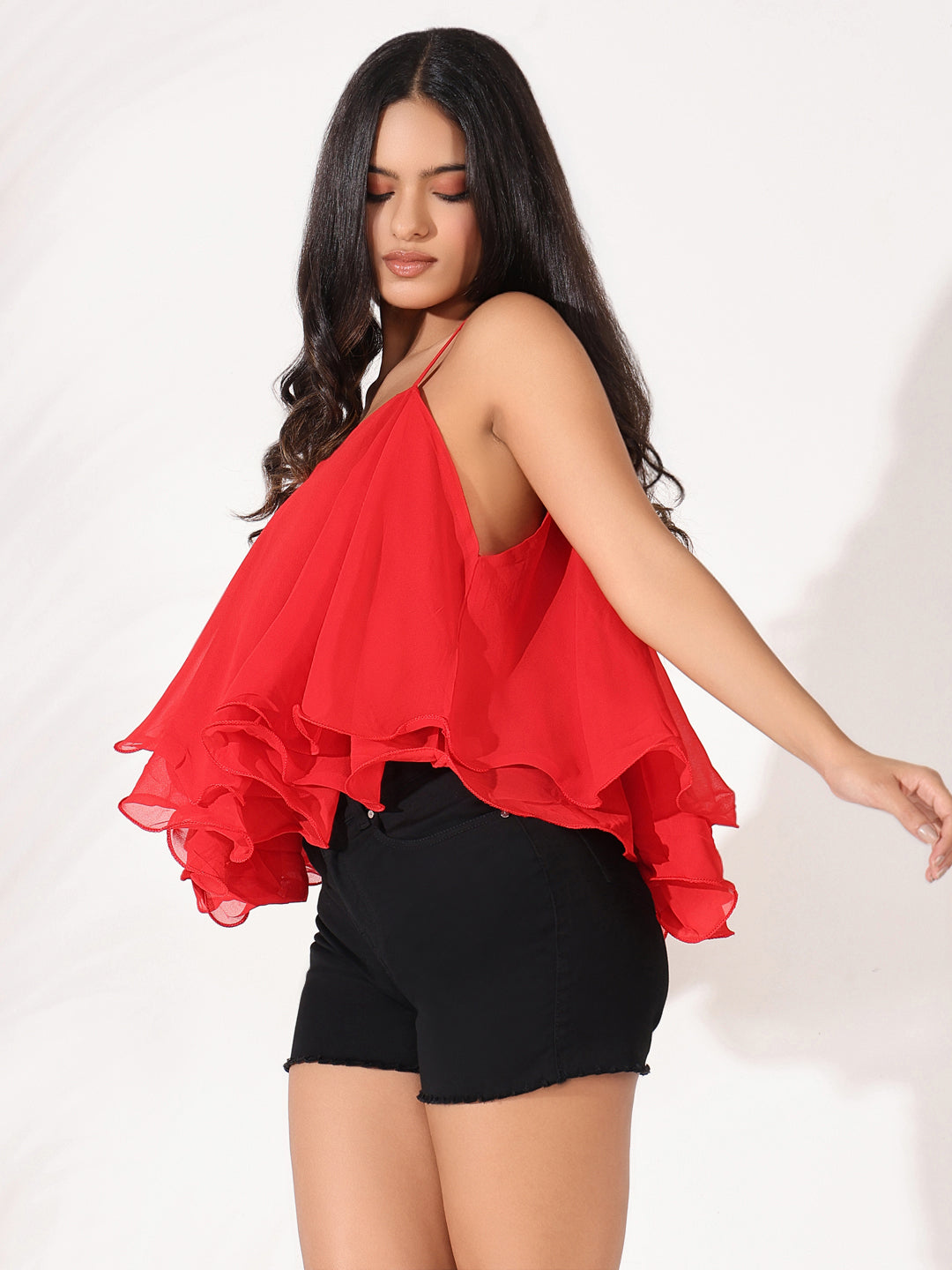 Women Red Solid A Line Top