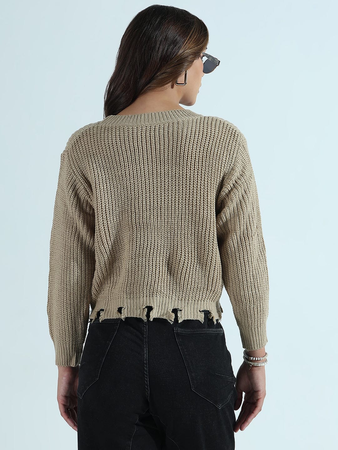 Women's Beige Distressed Sweater Top with Neck Chain