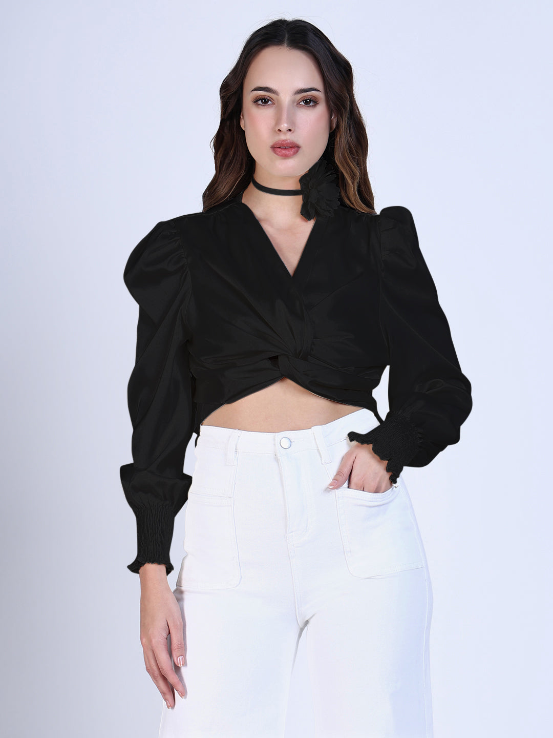 Women Solid Black V-Neck Crop Top with Flower Bow