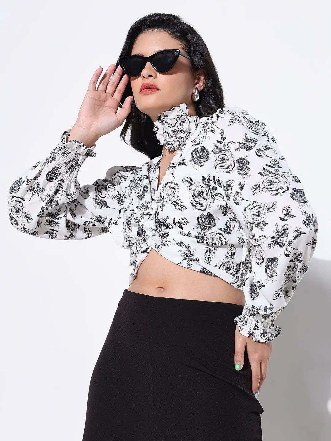 Shop Women's Floral Print White Knot Top with Flower Neck Tie