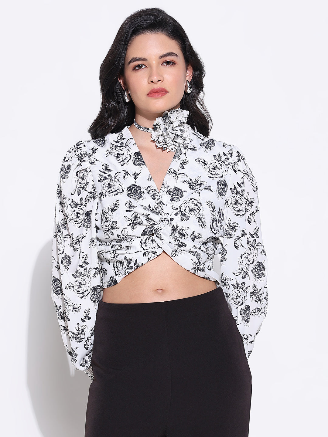 Women White Floral Crop Top with Flower Bow