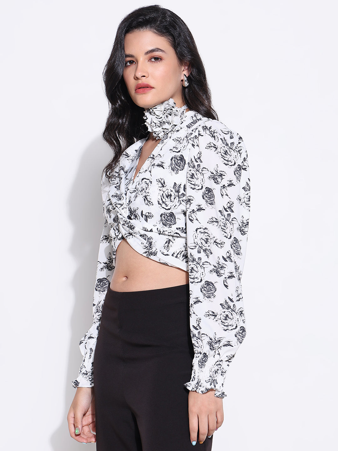 Women White Floral Crop Top with Flower Bow