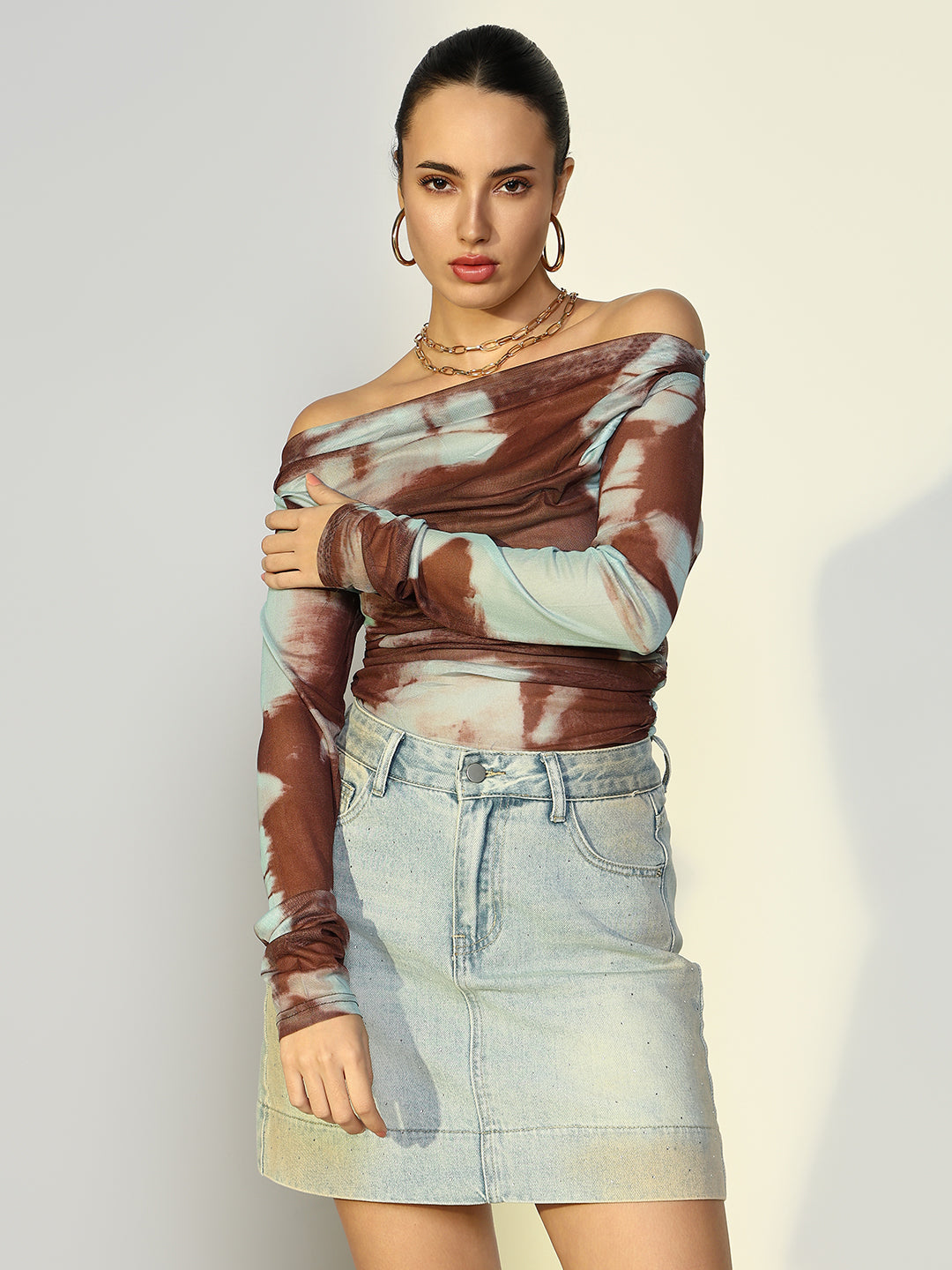 Women Abstract Off Shoulder Brown Top