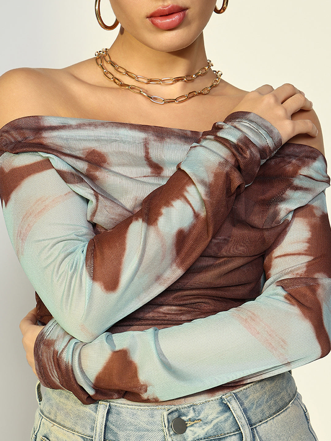 Women Abstract Off Shoulder Brown Top