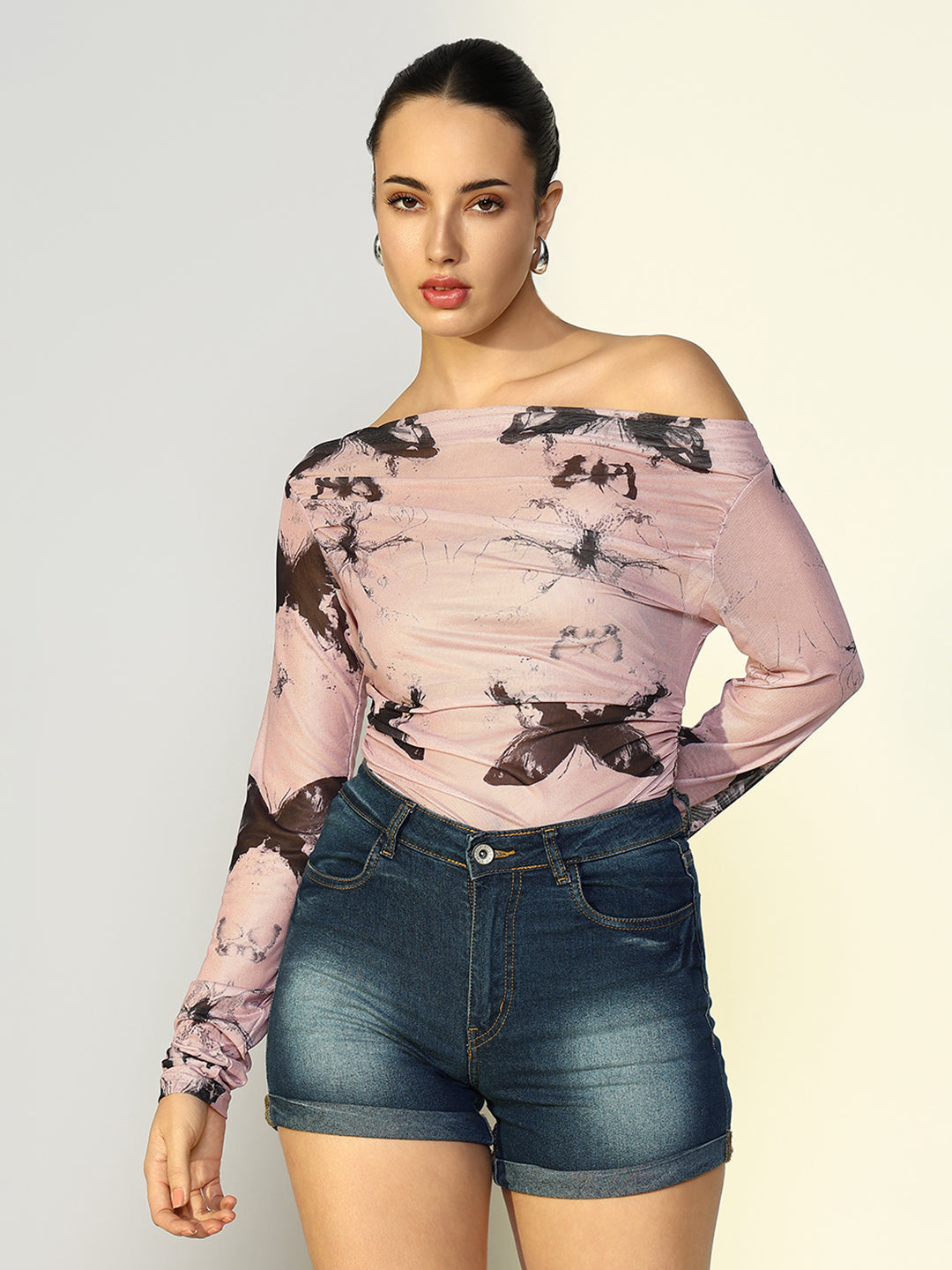 Women Abstract Off Shoulder Pink Top